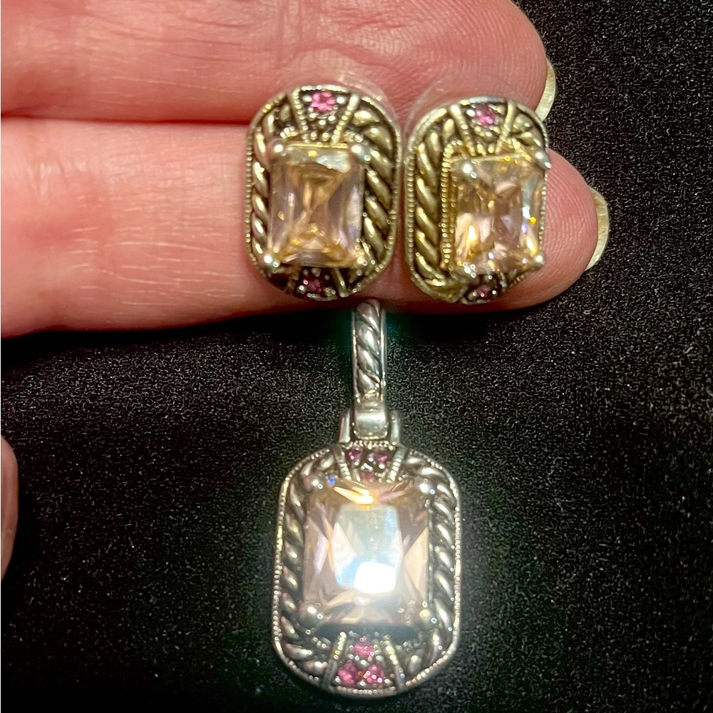 Elegant Silver tone Pendant with matching earrings. Pink Accents.